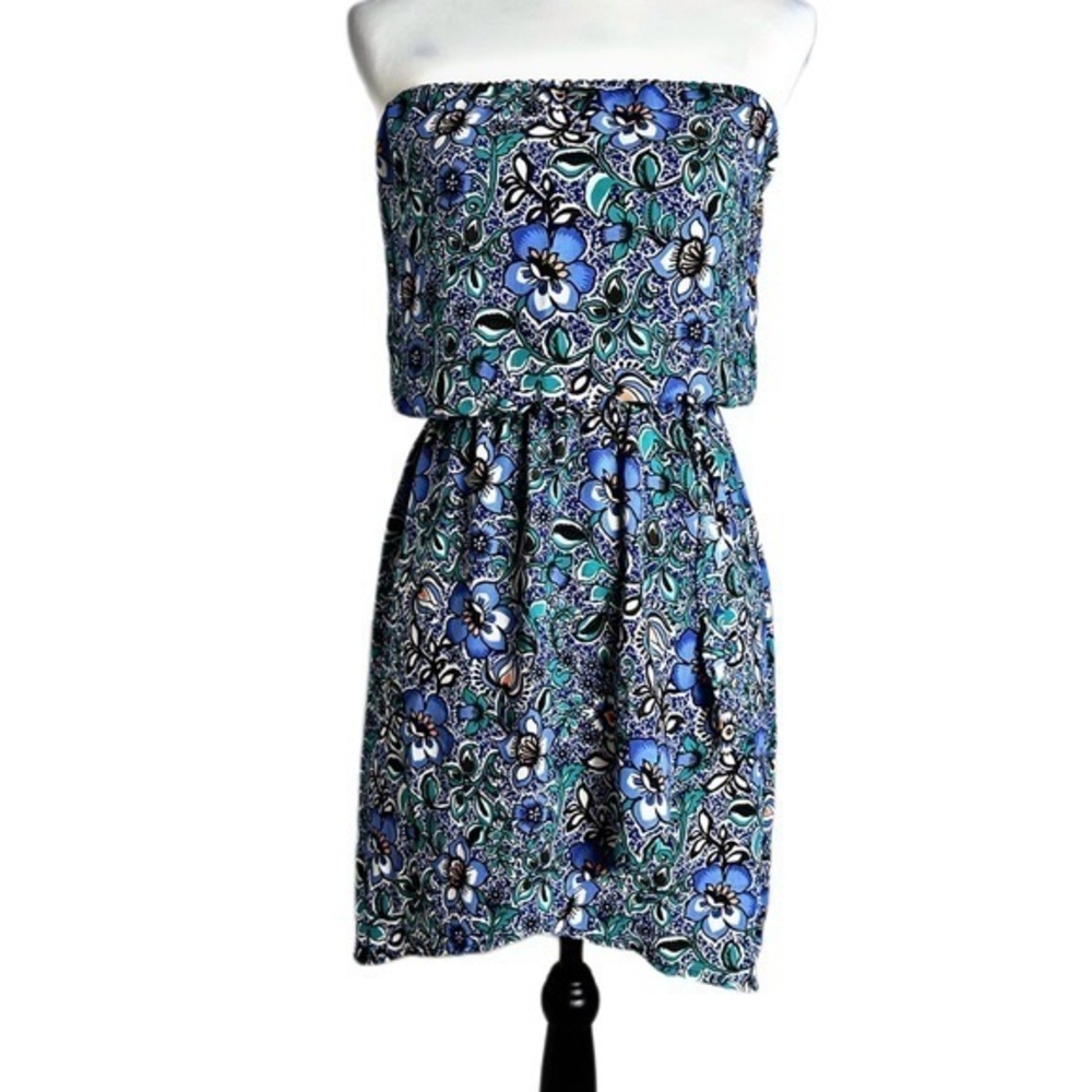 Express Strapless Floral Blouson Mini Dress Blue Green Women S